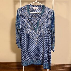 Amaya blue green embroidered silk top